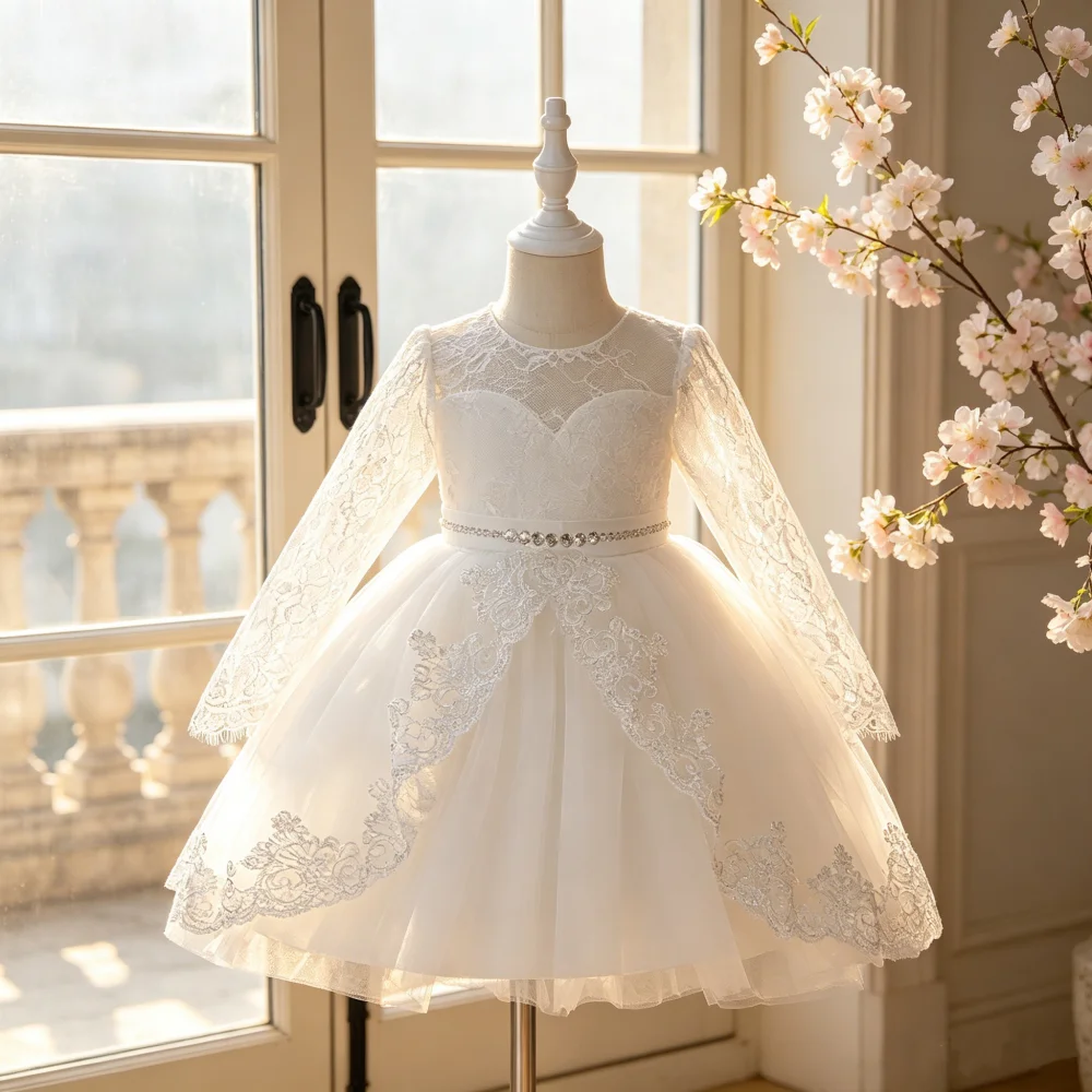 Long-sleeved sequined lace children's dress princess dress girl flower girl dress girl birthday dress