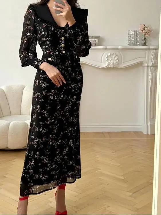 

Элегантное винтажное платье с высокой талией и длинными рукавами, женское, с кружевным воротником и цветочным принтом, для свадьбы, свидания, вечеринки, банкета