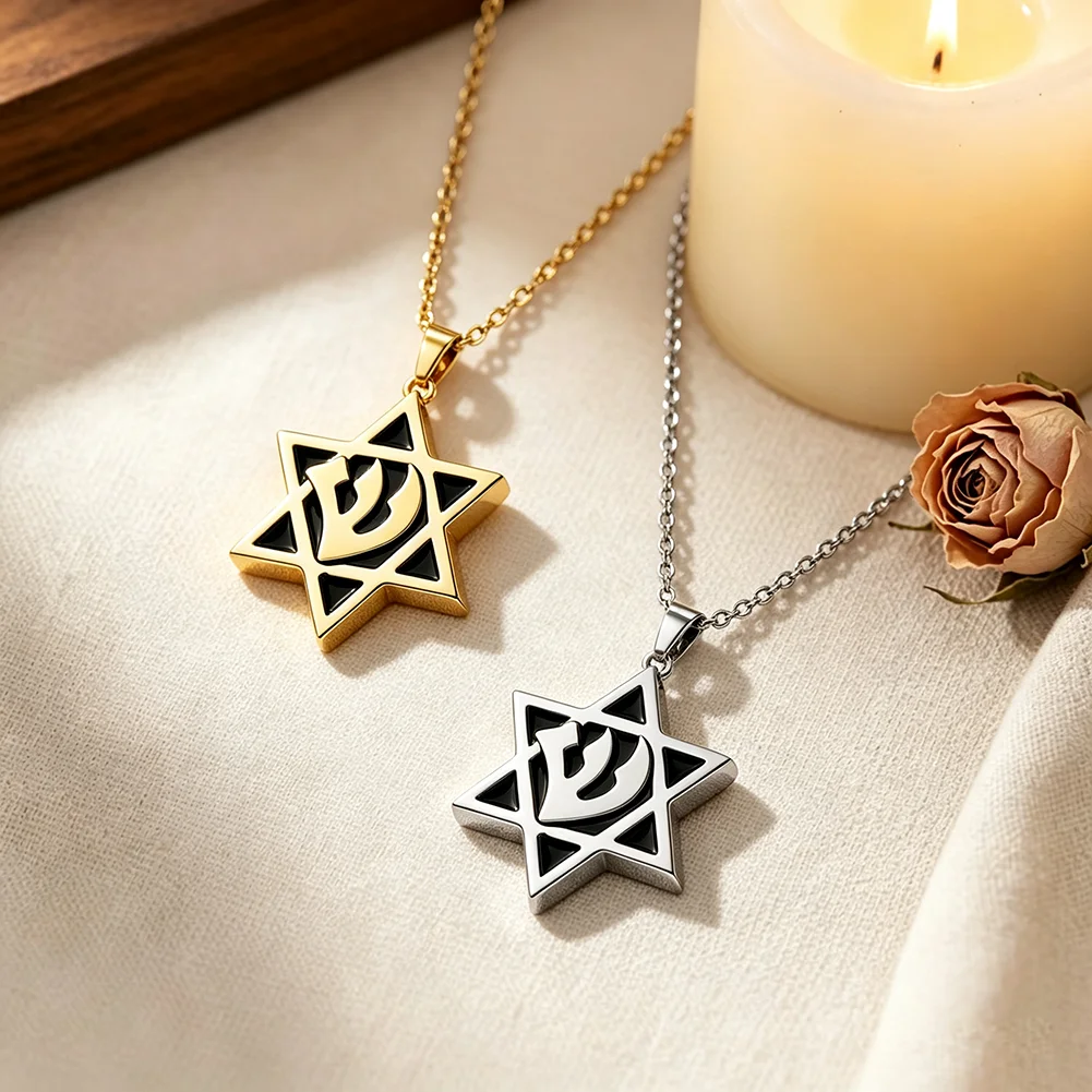 Star of David Shin Symbol Pendant Necklace for Men Women Enamel Hexagram Jewish Hebrew Charm Religious Jewelry Hanukkah Gift