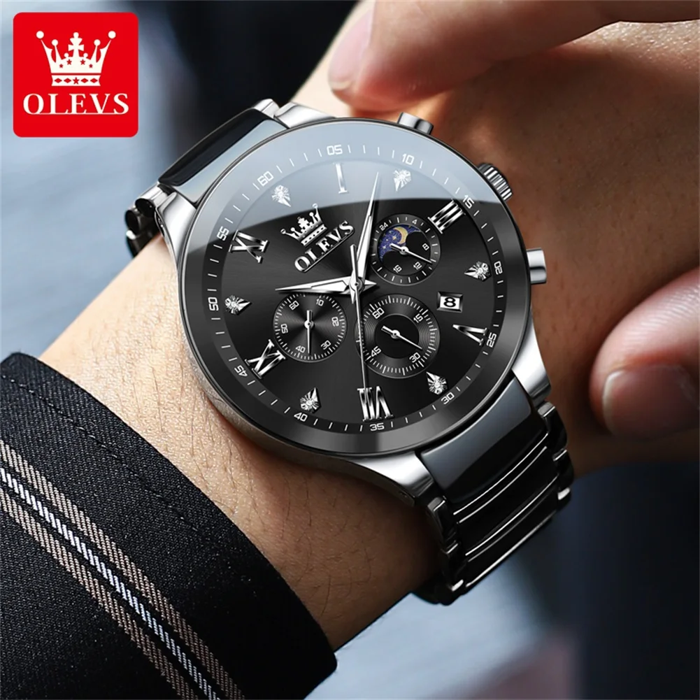 OLEVS Men\'s Watches Classic Fashion Design Original Wristwatch for Man Chronograph Ceramic Strap Waterproof Luminous Moon Phase