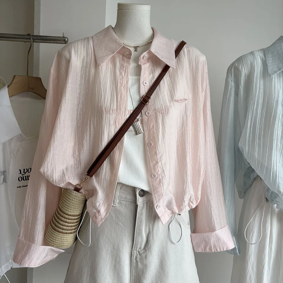 

Women's Summer 2026 Pink Drawstring Short Sleeve Long Sleeve Shirt Letter Vest Set UV Protection Casual Sportswear Two-Piece Set