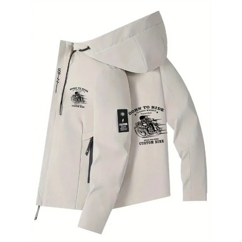 Men's fashion spring and autumn hooded jacket with motorcycle rider pattern print, lightweight windproof coat, slim-fit design.