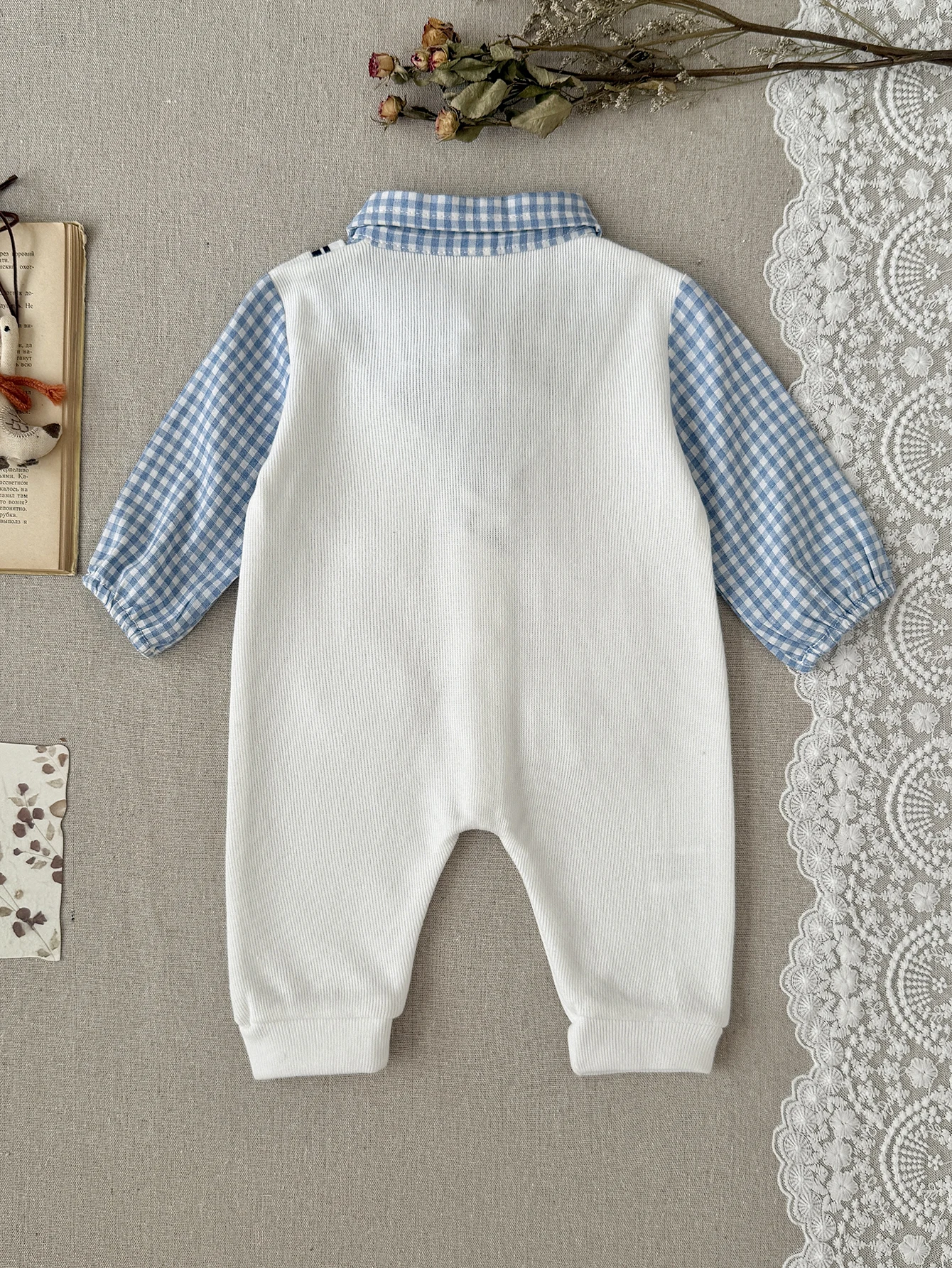 Spring Autumn Baby Fake Two Piece Dachshund Embroidery Romper, Boys Blue Plaid Lapel Button Birthday Formal Jumpsuit Outfit