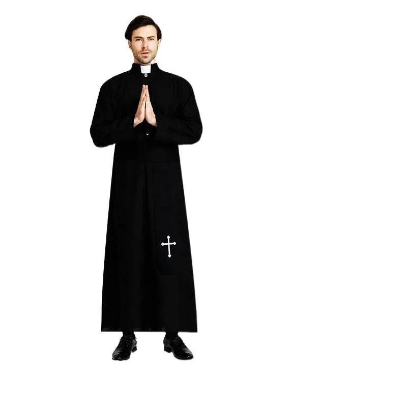 زي تنكري للهالوين للرجال، رداء طويل أسود راقي لتمثيل دور الأسقف في الحفلات الغربية