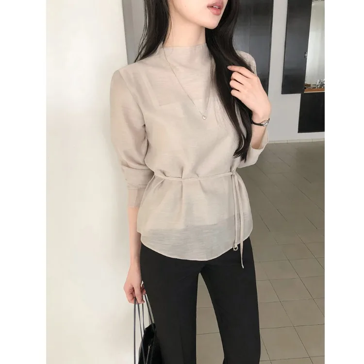 Korean Style Half High Collar Micro Transparent Waist Belted Shirt Strap Vest Two Piece Set Women's Straight Cut Long Sleeve ...