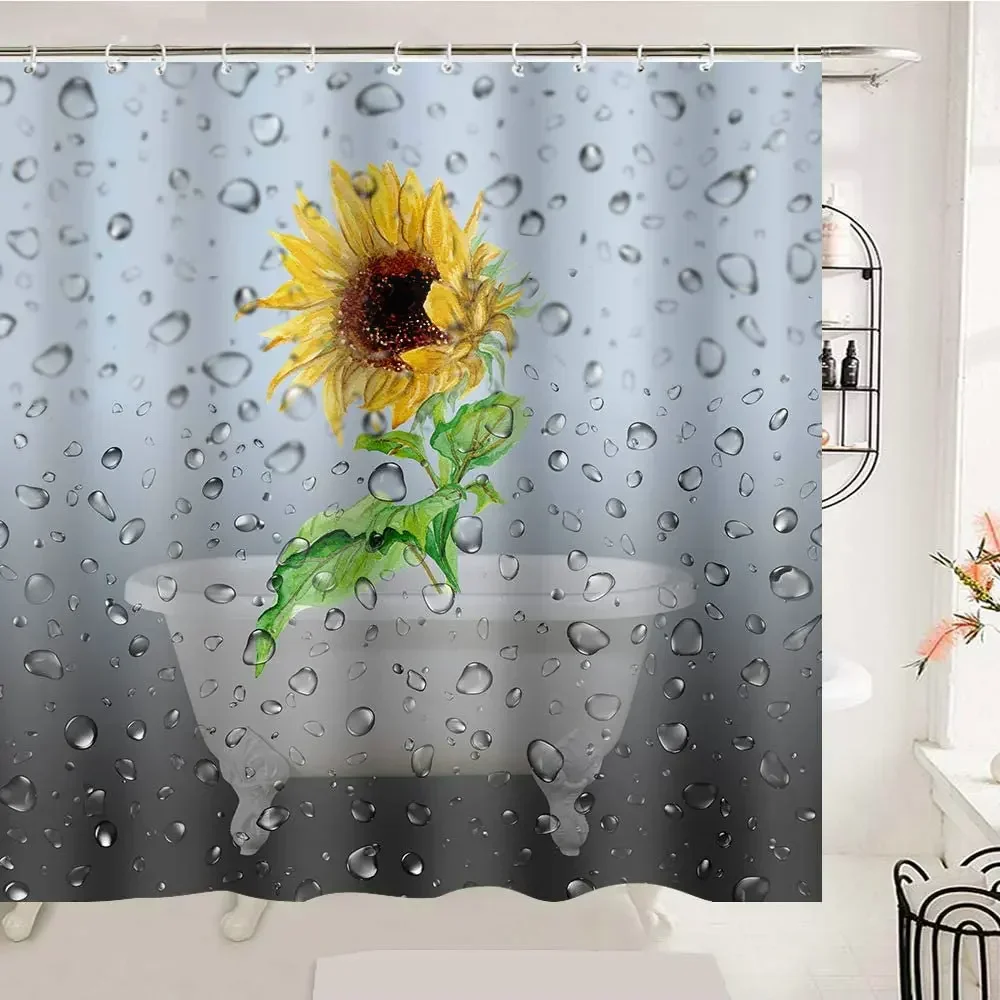 Sunflower Raindrop Bathroom Shower Curtain Oil Painting Floral Bathtub Water Drops Glass Modern Art Waterproof Polyester Decor