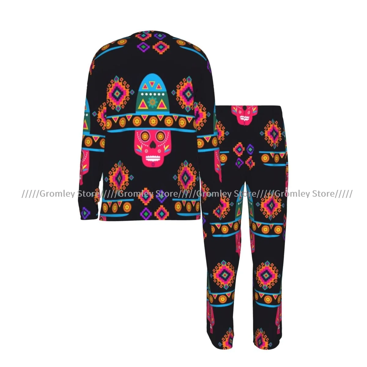 Mexican Sugar Skulls Colorful Flowers Men's Pajama Set Long Sleeve T-Shirt and Long Pants Sleepwear Male Nightwear Home Suit