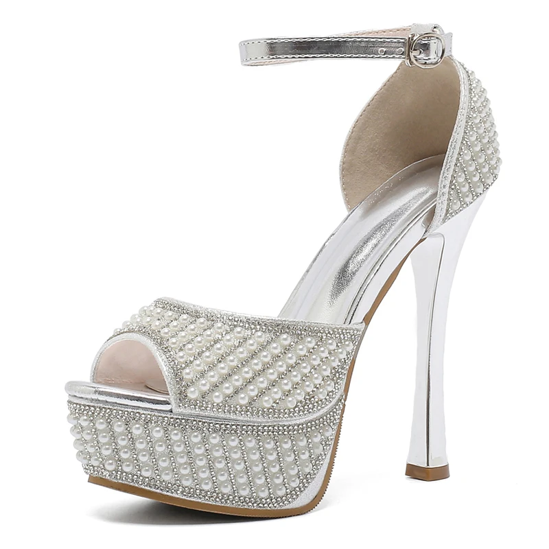 Tacones de aguja de 13cm, zapatos de plataforma con perlas y diamantes de imitación plateados, tacones altos dorados, sandalias de verano, zapatos de vestir para mujer