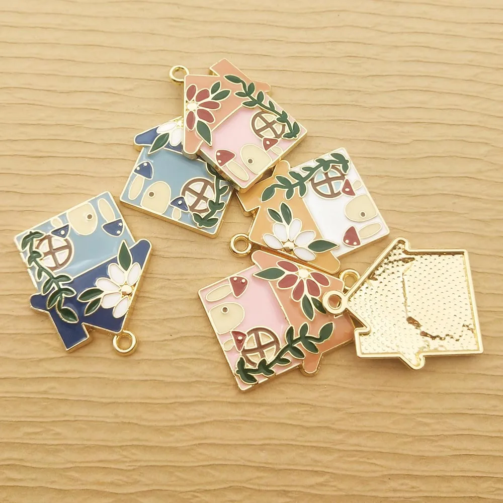 10pcs House Charm for Jewelry Making Enamel Earring Pendant Necklace Bracelet Accessories Diy Craft Supplies Gold Plated