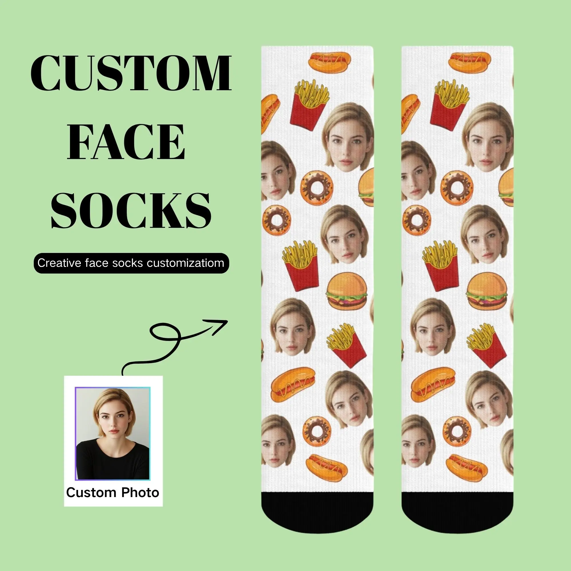 Chaussettes personnalisées DIY avec photo de visage, frites, hamburger, nourriture – Confortables, respirantes, douces – Cadeaux amusants et joyeux