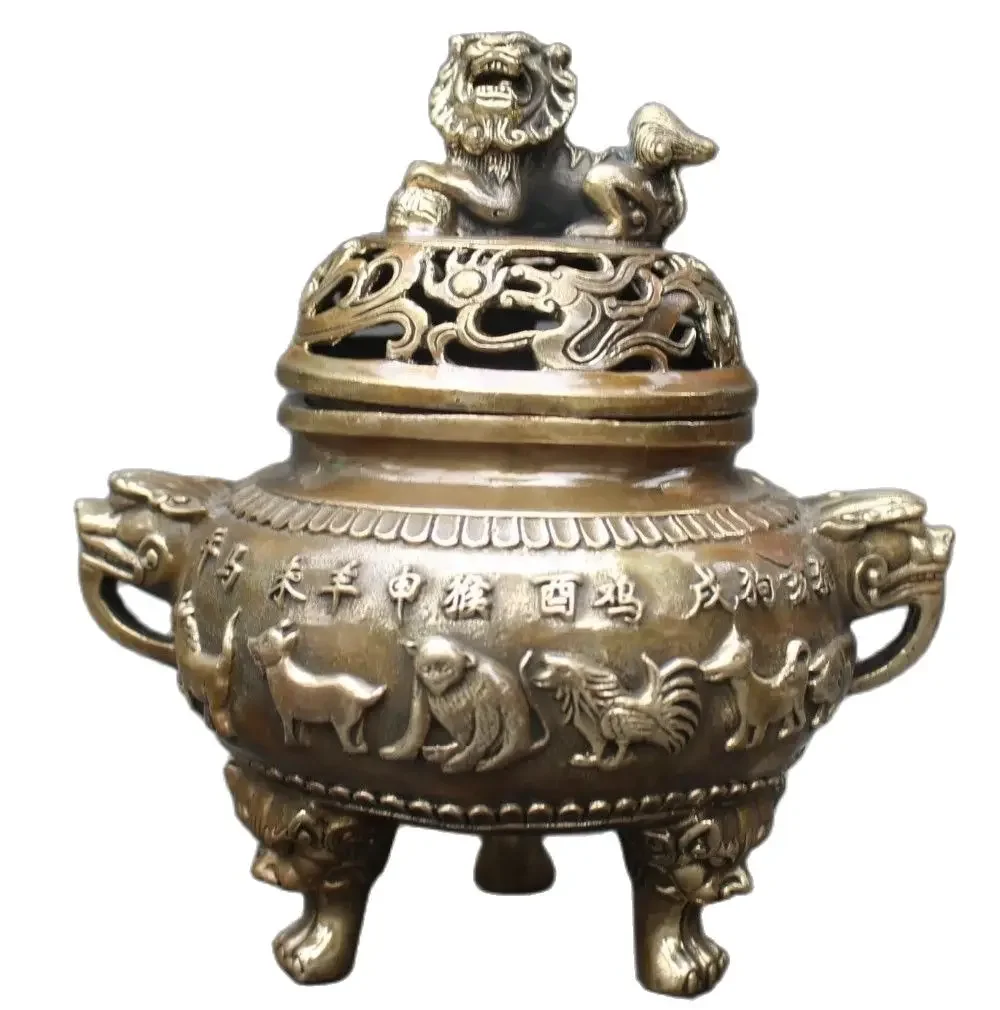 14 cm/China Bronze Lion Beast Head 12 Zodiac Animal Incense Burner metal handicraft family decorations incense Burner