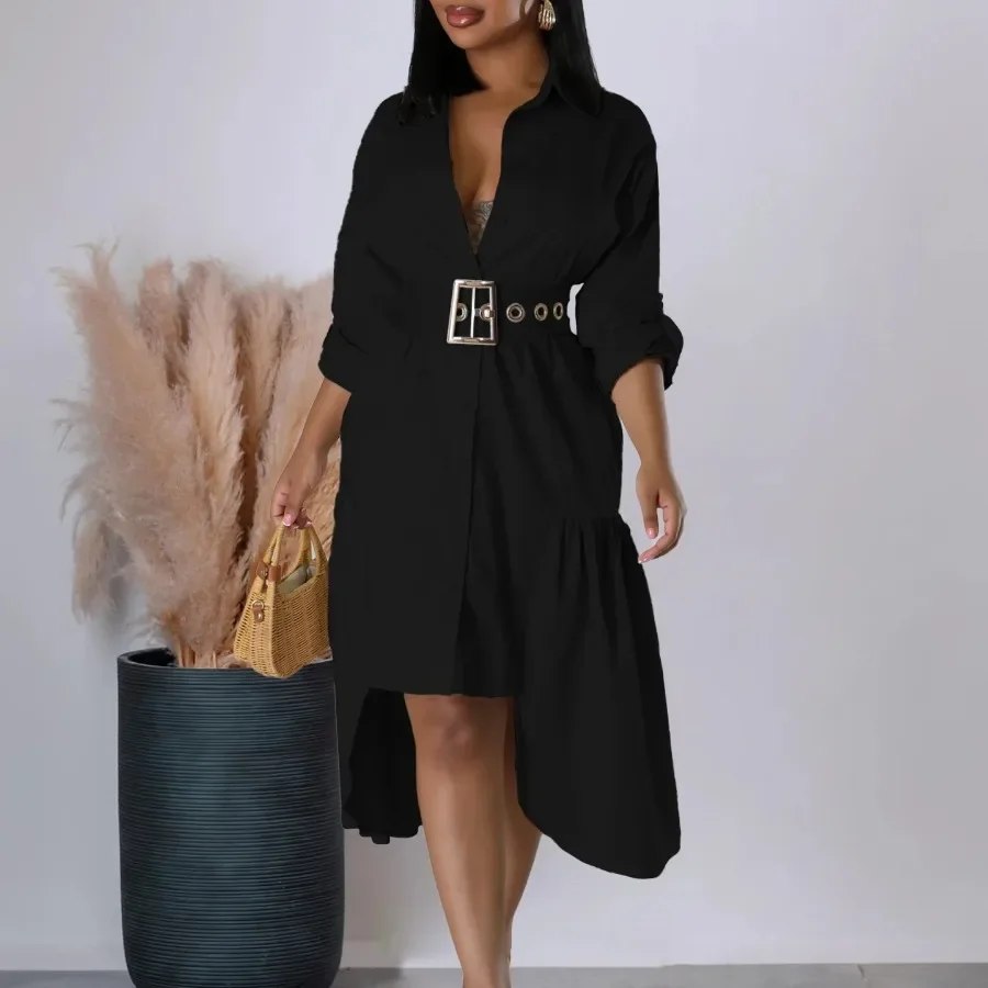 Shirt Dress for Women Long Lantern Sleeves Turn Down Collar Irregular Length Female Elegant Office Ladies Female Gowns New