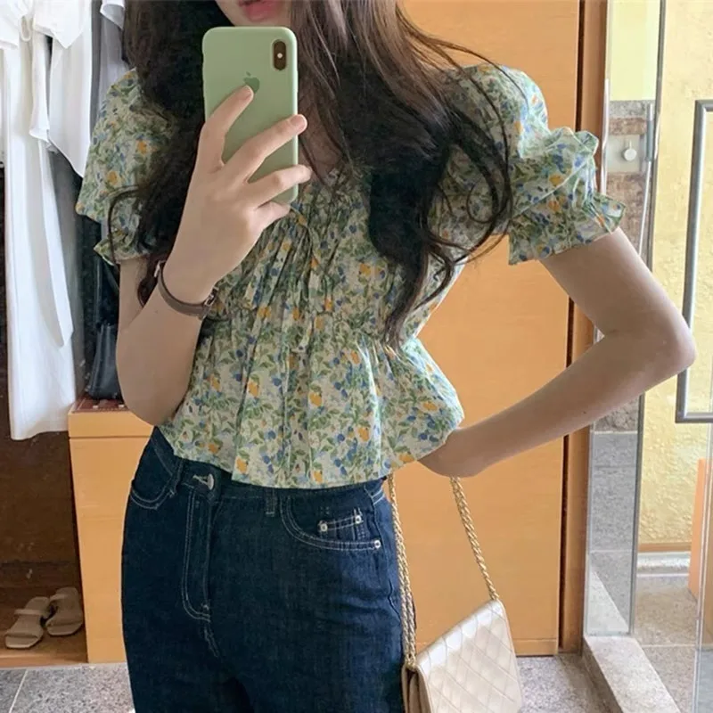 Korean Chic Summer 2024 New Fashion Floral Print Blouse Short Tops Women Short Puff Sleeve Square Collar Shirt Clothes 8108