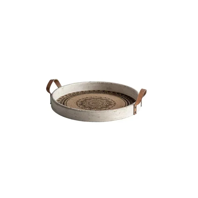 Bohemian style, solid wood round tray Japanese style, retro homestay dim sum snack plate home