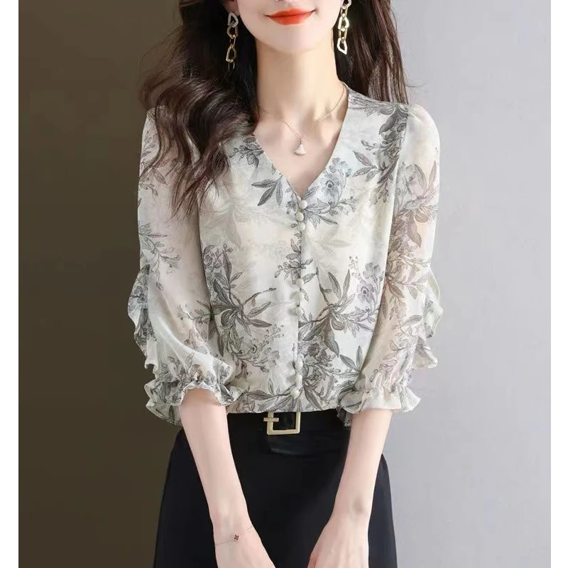 Women\'s Summer Trendy Ruffle Print Elegant Blouse Korean Style V Neck Three Quarter Sleeve Shirt Sweet Chic Chiffon Tops Blusas