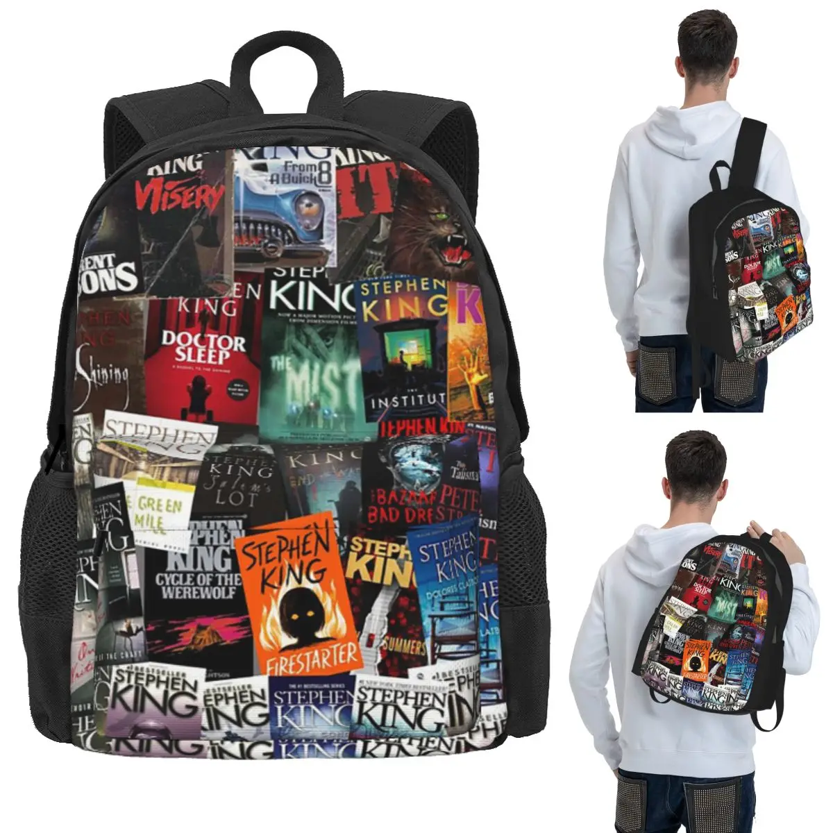 Stephen King Book Covers, Horror Bookworm Student Backpack School Bag Hiking Travel Daypack for Men Women Bookbag Shoulder Bags