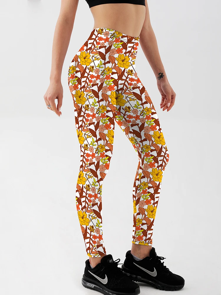 Women's Autumn Yellow Floral Print Leggings – High Waist Stretchy Yoga Pants for Fitness & Casual Wear