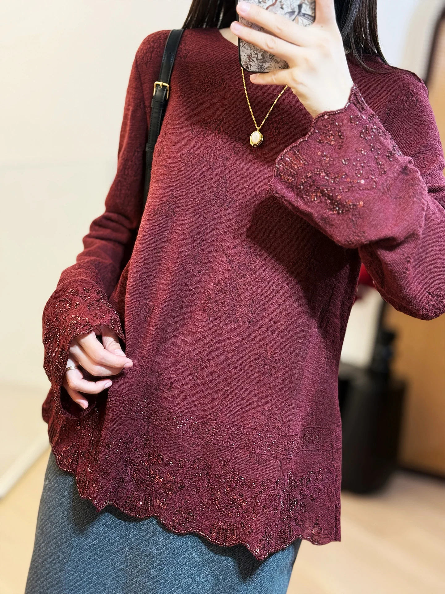 

Ele Knitted Lace round Ne Base Layer Top Faionable Autumn Winter Women's Long Sve Wool Blend Camere Nylon irt