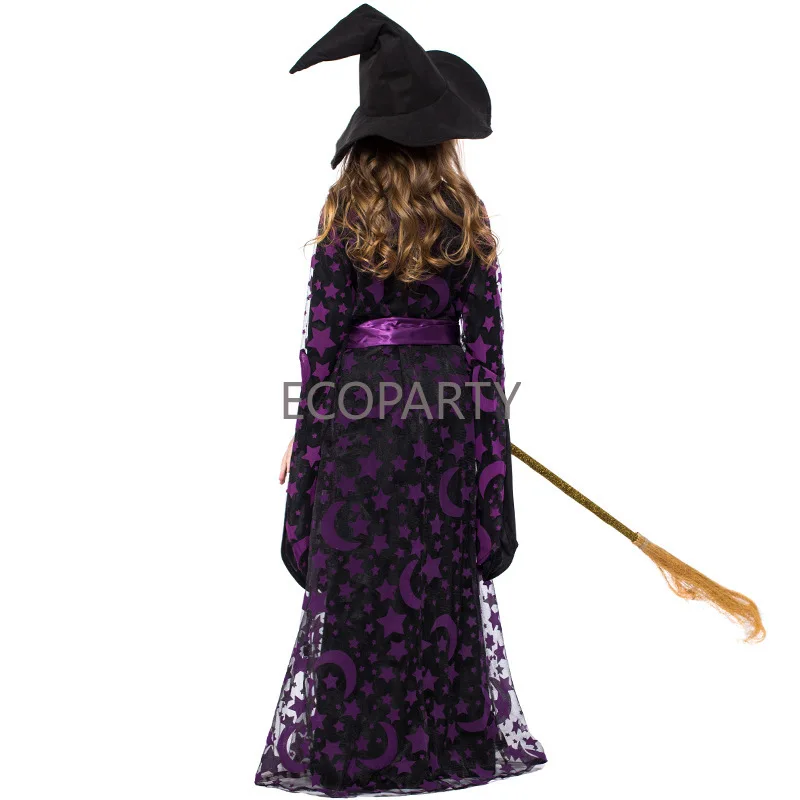 Purple Girls Halloween Sorceress Costumes Kids Magician Witch Gown Cosplay Carnival Purim Masquerade Stage Performance Uniform