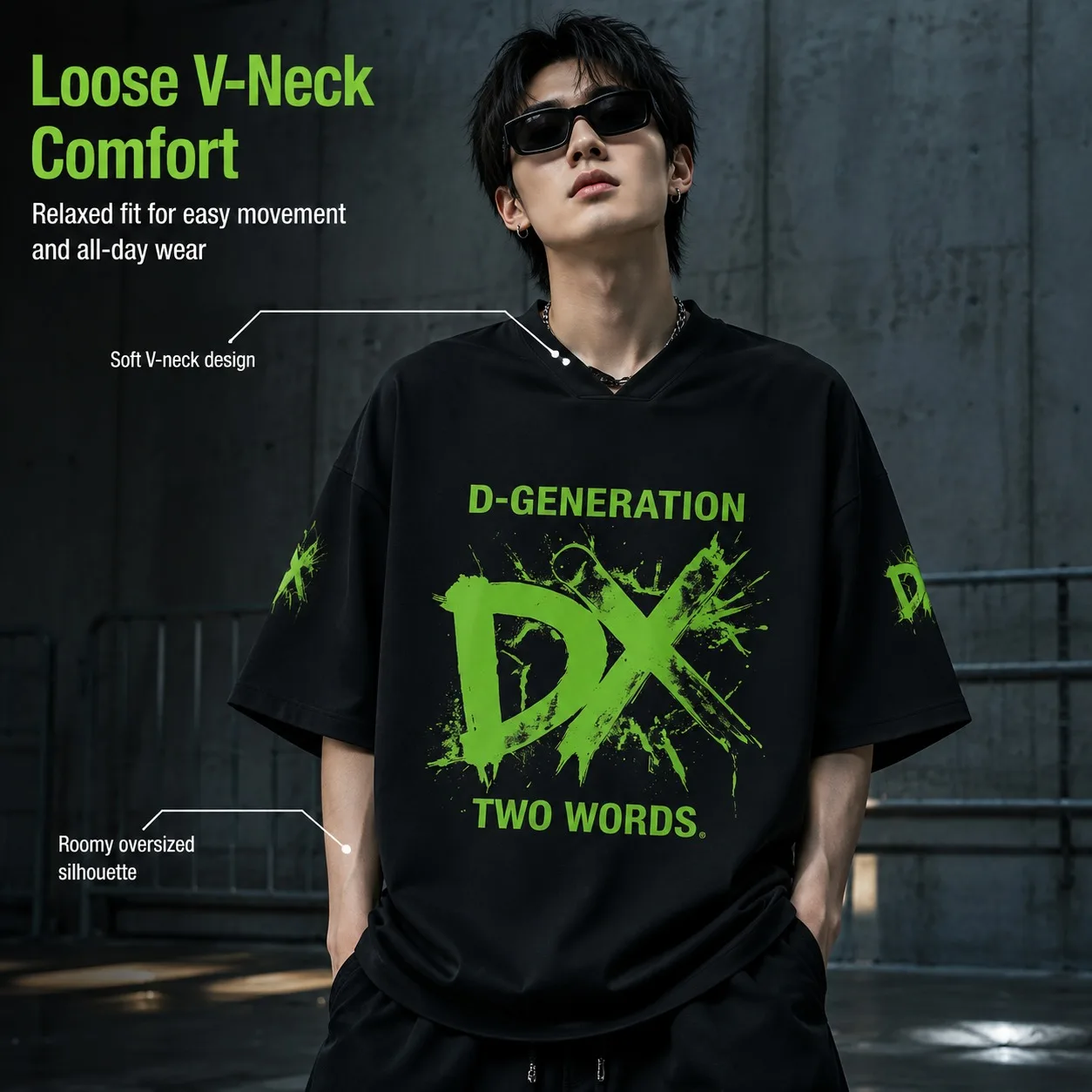 Unisex Schwarzes DX Wrestling Trikot mit Neon-Grünem Splash-Graffiti, D-Generation, V-Ausschnitt, Oversized Kurzarm-Streetwear-T-Shirt – Detail 3