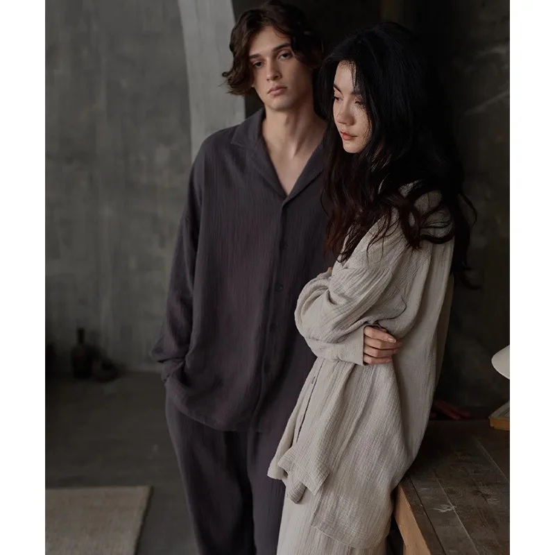 2024 New Couple Pajamas Long-sleeved Cotton Thin Loungewear Women\'s Simple and Loose Can be Worn Outside Casual Suits