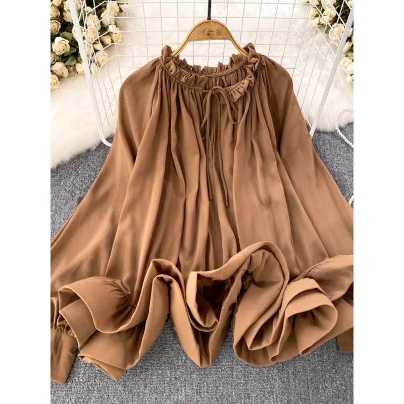 

SuperAen 2024 Spring and Autumn Korean Lantern Long Sleeve O Neck Loose Lotus Leaf Chiffon Shirt Women's Casual Top