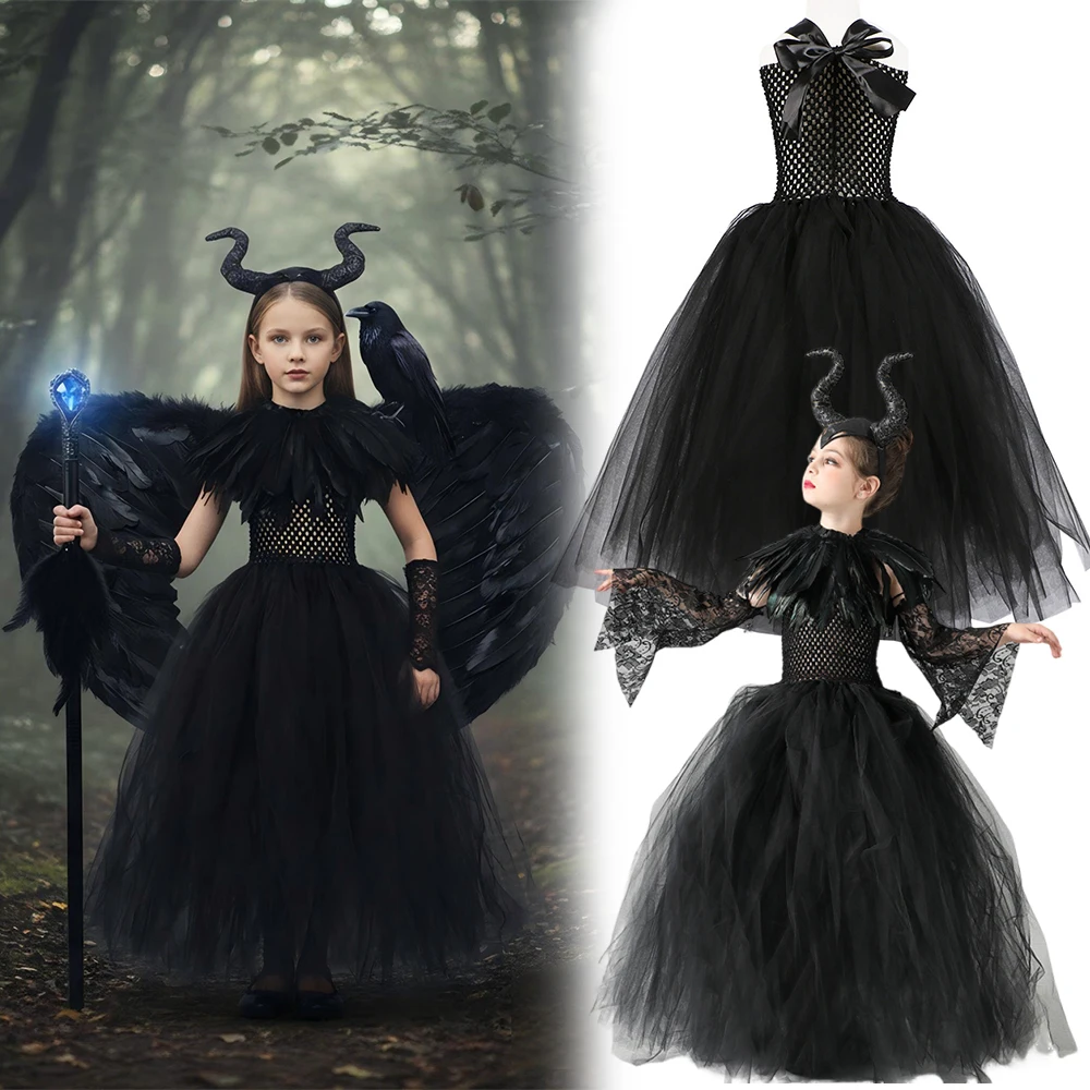 Disfraz de Bruja Malvada Maléfica para Niñas, Vestido Negro de Encaje de Lujo, Disfraz para Halloween, Purim, Carnaval y Fiestas