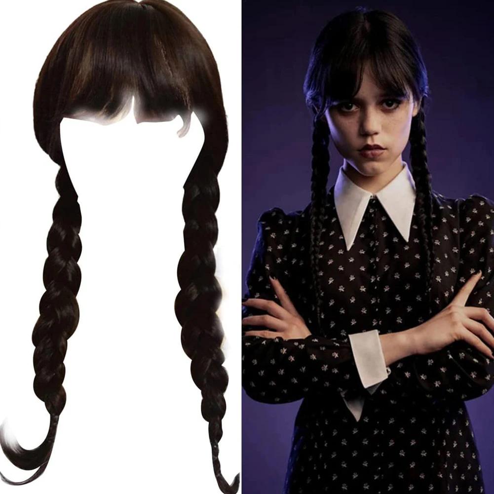 Wednesday Addams Cosplay Wig Heat Resistant Long Black Braids Silky Straight Synthetic Wigs with Bangs for Halloween Party