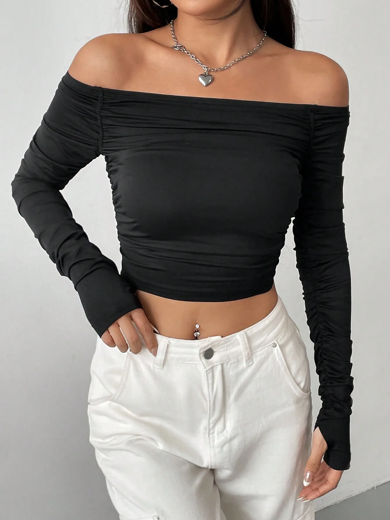 New line shoulder mesh long sleeve T-shirt women with slim-fit hottie sexy explosion street wear short top image 5