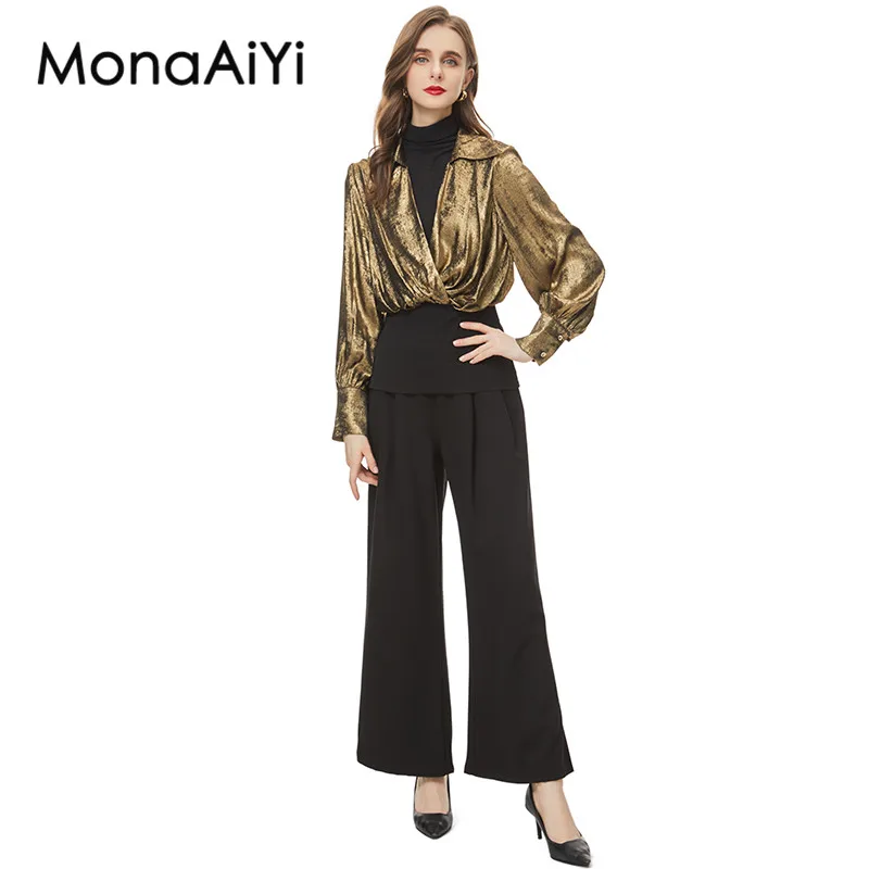 

MonaAiYi New Fashion Runway Designer Women's Golden Lapel Long Sleeved Knitted Top+Multi Button Straight Leg Pants 2-Piece Set