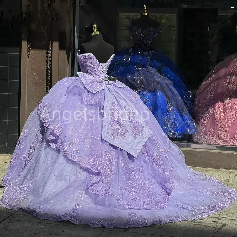 Angelsbride Lavender Tulle Ball Gown Quinceanera Dresses 2025 Tiered Bow AppliquesVestidos De 15 Anos Evening Party Dress