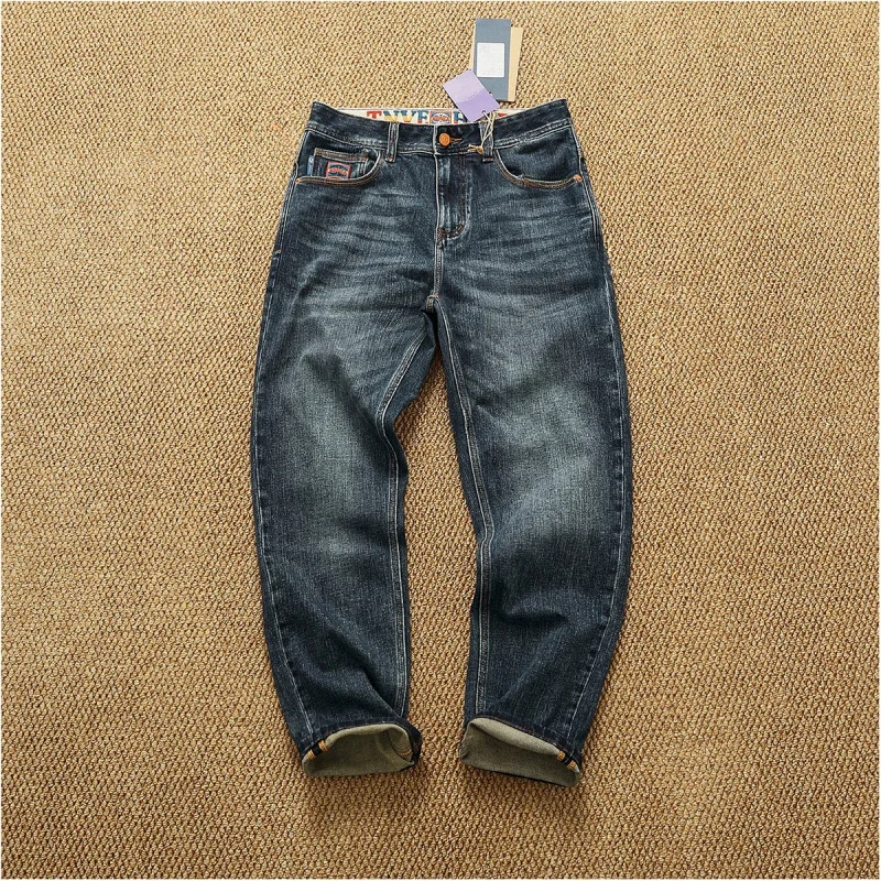 

Men's Autumn Thick Heavyweight Cotton Stretch Retro Denim Pants, Slim Tapered Straight, Whiskering Washed, All-match Trousers