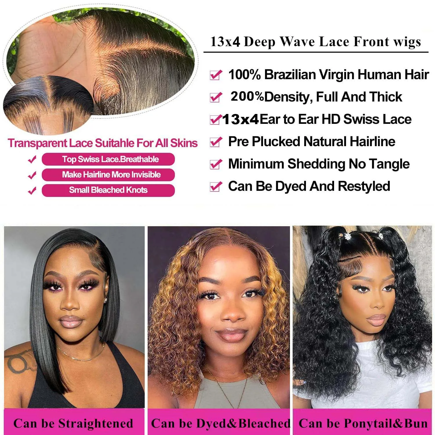 接着剤不要の巻き毛ボブウィッグ人毛100%ショートディープウェーブビルマカールレースフロントウィッグマルチパートニング既製品キンキーベトナム人毛