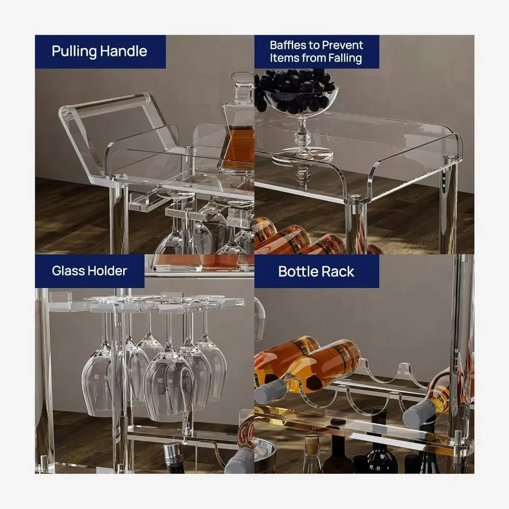 Carrinho de bar acrílico com 4 rodas com fechadura, carrinho de serviço transparente com rack de vinho e rack de vidro para casa, cozinha, restaurante