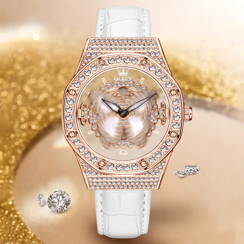 OLEVS-Reloj de pulsera elegante para mujer, conjunto de caja de regalo con mariposas, correa de cuero, cuarzo, resistente al agua