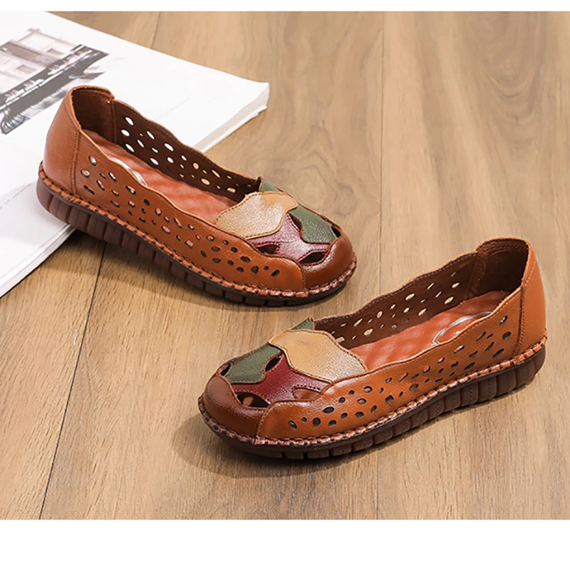 Genuine Leather Woman Loafer Comfortable Flat Shoes Fashion Lady Cow Leather Ladies Hollowed Vintage Shoes