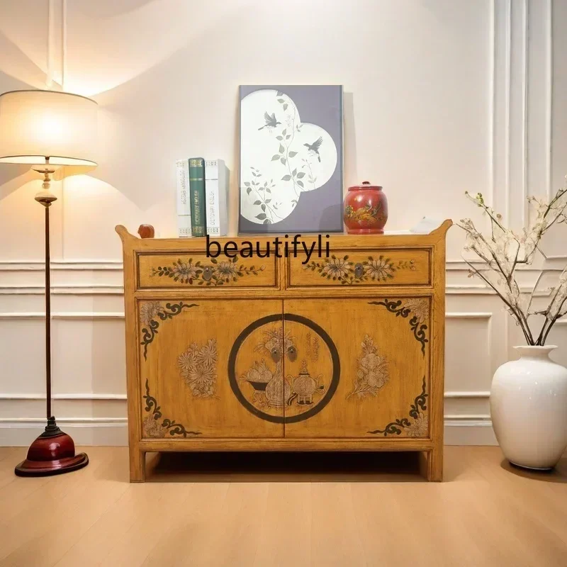 Q181  Chinese retro entrance cabinet, living room storage, dining side cabinet, hand-painted classical storage cabinet