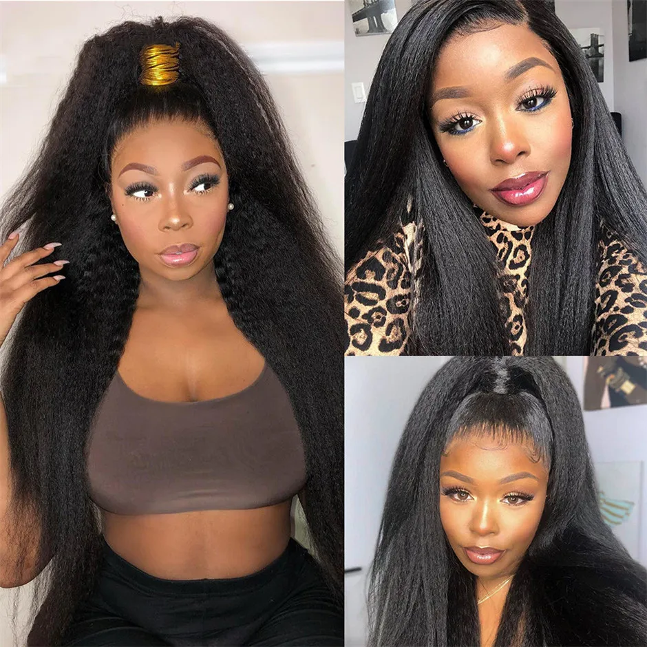 Long Glueless 30Inch Yaki Soft Natural Black Kinky Straight Lace Front Wig For Women With Baby Hair Synthetic Preplucked Daily