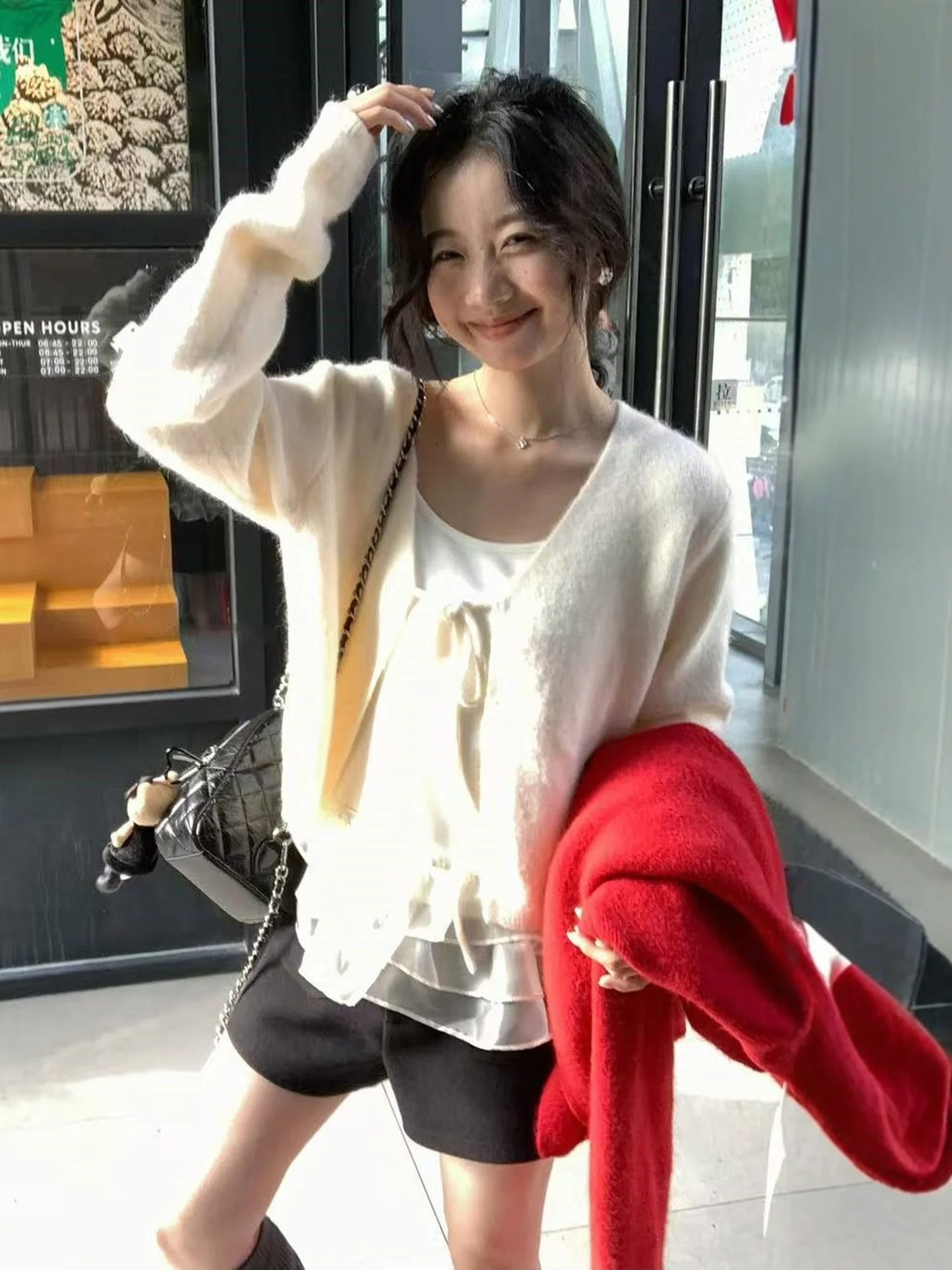Sweet Style Red Knitted Cardigan And Vest Set Women's Spring Autumn Soft Wood Grain  Two Piece Suit Casual Comfortable