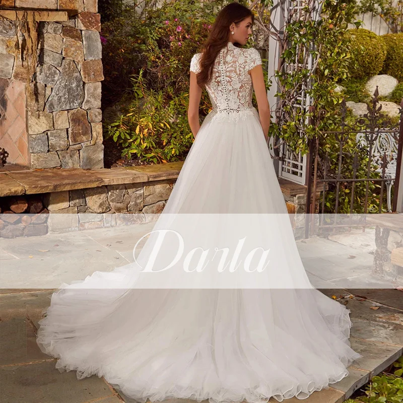 Darla Boho gaun pernikahan Tulle A-Line, gaun pengantin ilusi sederhana renda applique kerah tinggi, lengan pendek lipit kustom