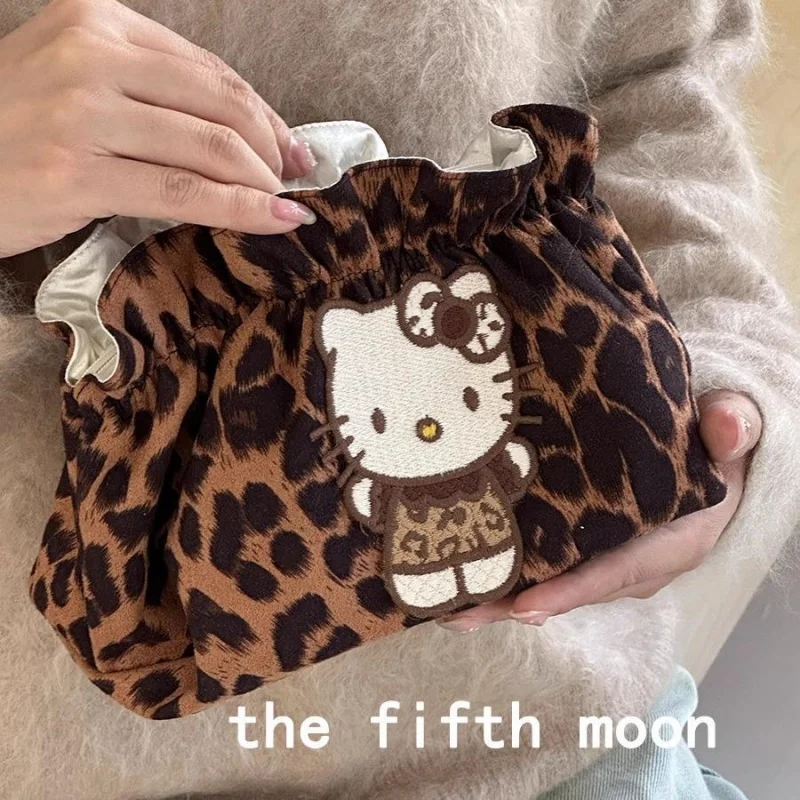 Sanrio Hello Kitty Lotus Edge Luipaardprint Rits Make-up Tas Make-up Borstel Cosmetica Opslag Uitgaan Draagbare Toilettas Cadeau