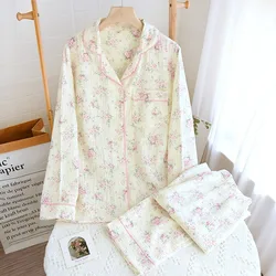 Conjunto de pijama de 2 piezas para mujer, ropa de dormir fina con estampado de flores, 2024 algodón, pantalones de manga larga, otoño e invierno, 100%