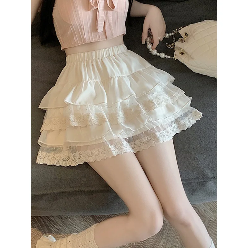 

Summer New High Waist Slimming Mesh Fluffy Skirt Short MIni Skirt Women Pure Desire Style Spicy Girl White Lace Cake Skirt