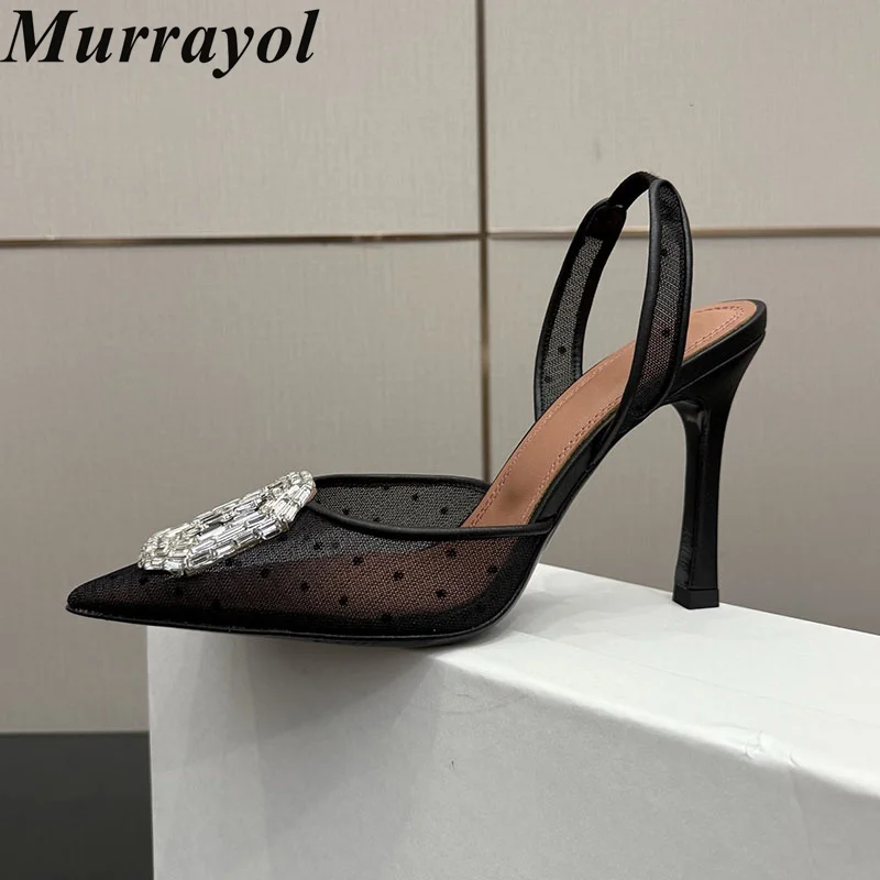 Pumps Pointed Toe Mesh Rhinestone Decor Sandals Women Thin High Heels Slingback Sandalias Mujer Summer Party Dress Fairy Shoes