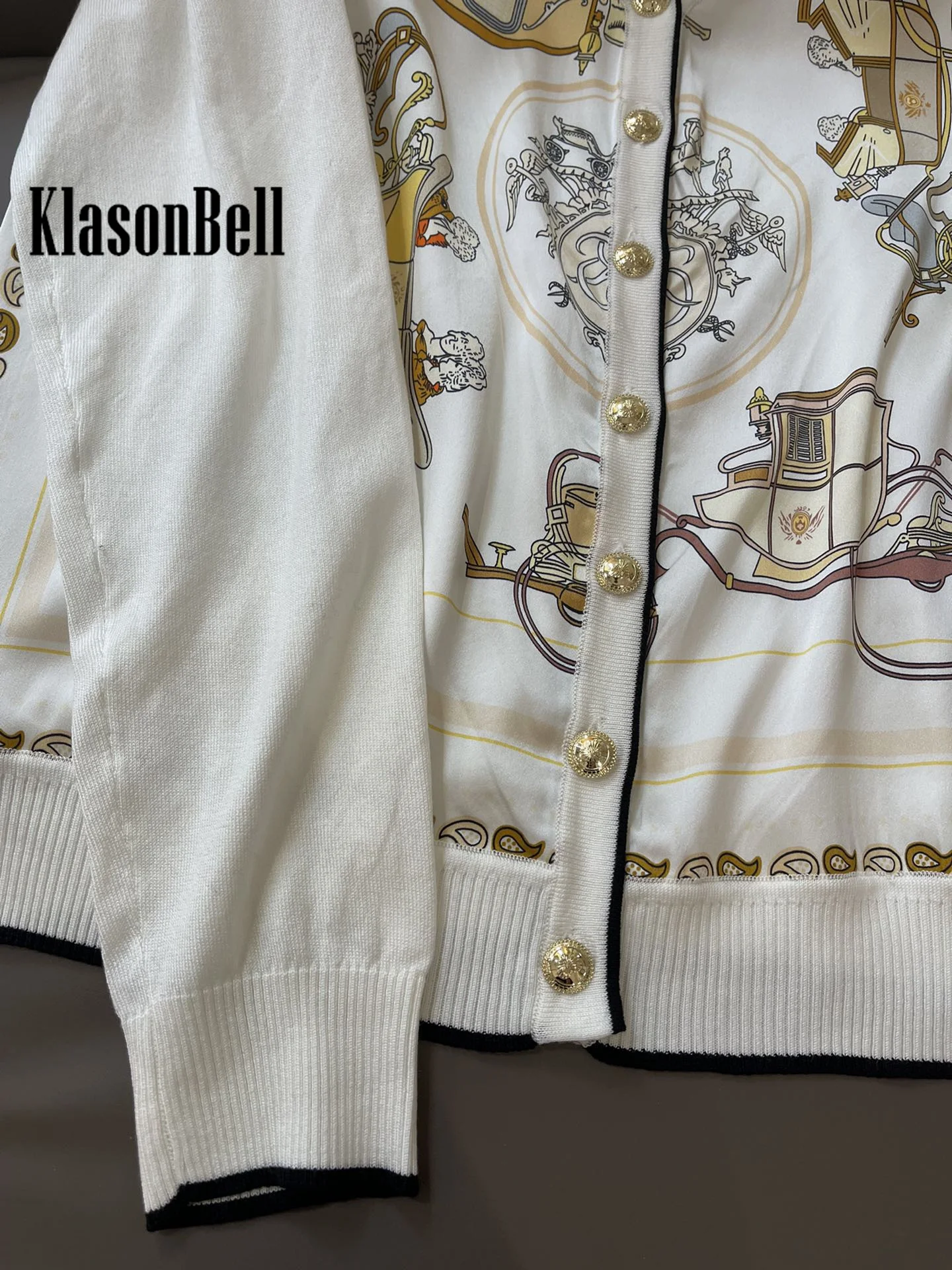 3.7 KlasonBell 2024 New Silk Print Spliced V-Neck Gold Button Loose Thin Knitted Cardigan Coat Women