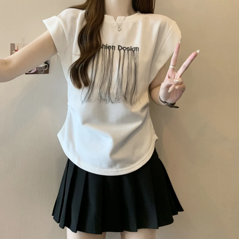 Women's Trendy Letter Embroidery Tassels Ruched Cotton T-shirts 2024 Summer Casual Streetwear Y2K O Neck Chic Tops Ropa De Mujer