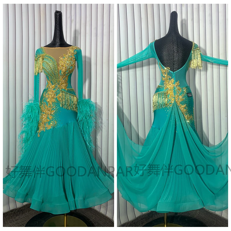 

Новинка 2024 года, стандартное платье для бальных танцев, костюм для соревнований для женщин и девочек, лайкра, вальс, сценический костюм с длинными рукавами