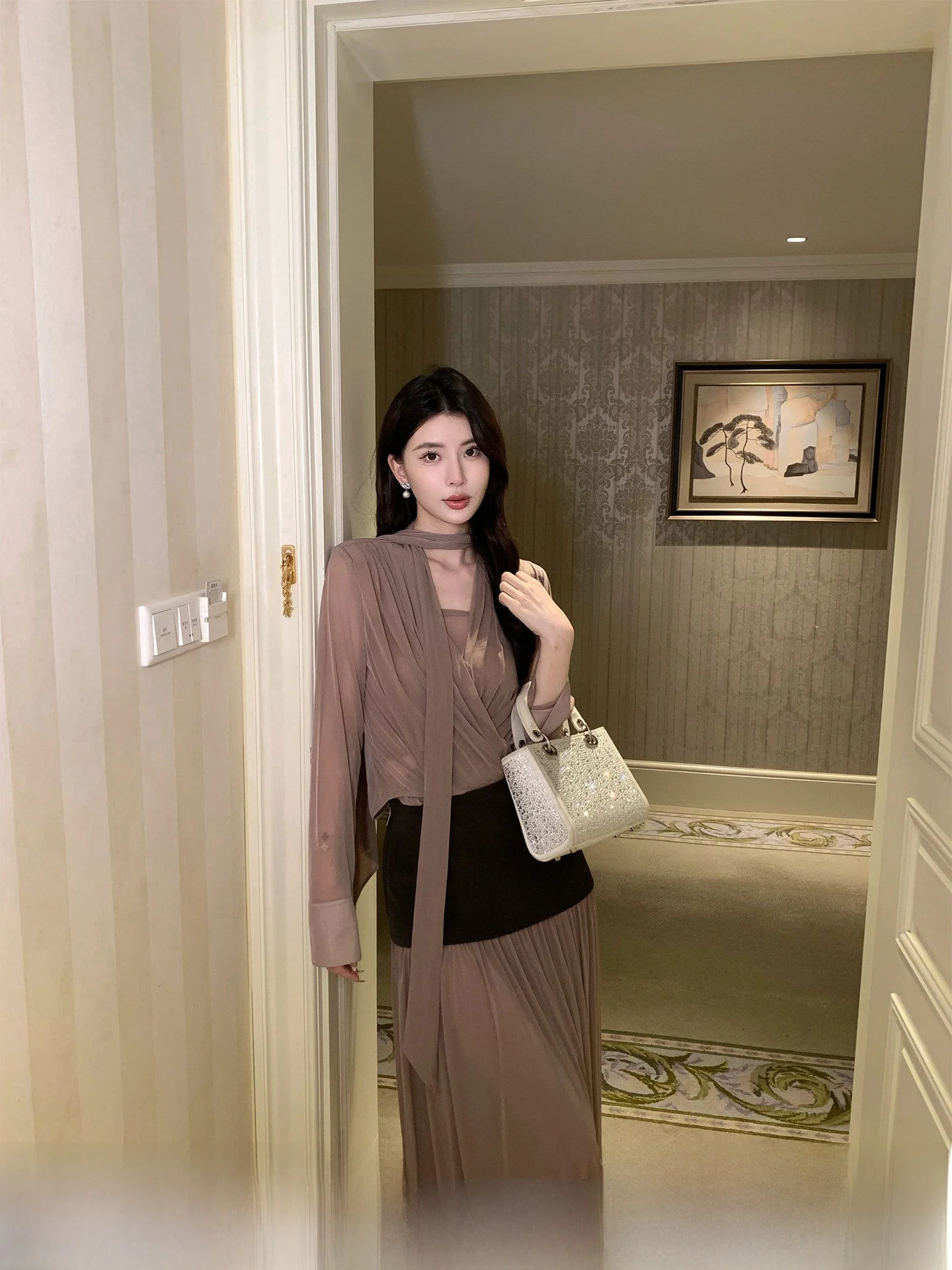 

Ele Wooden Incense Knitted irt Set Women's Top f Skirt Two Piece Spring New Faion Casual Loose Fit V-Ne Polyester