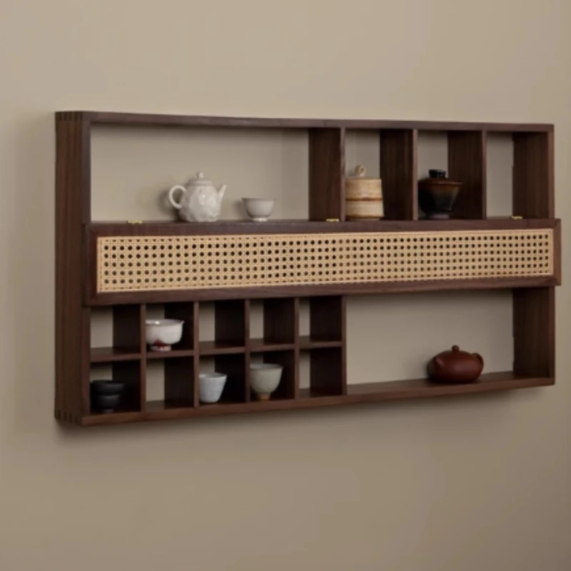 Solid Wood Multi-Tier Display Shelf, Living Room and Tea Room Wall Cabinet, Wall-Mounted Antique Rack, Tea Cup Organizer - Image 4