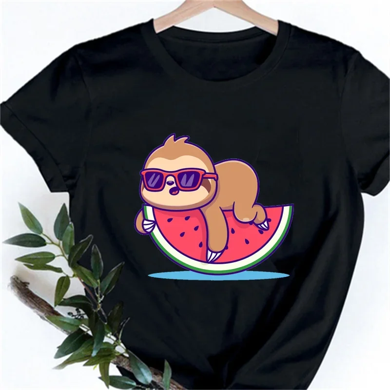 Kawaii Sloth Print Women T Shirt Short Sleeve O Neck Loose Ladies Shirt Tops Clothe Summer Female Casual Tee Print Short Sleeve